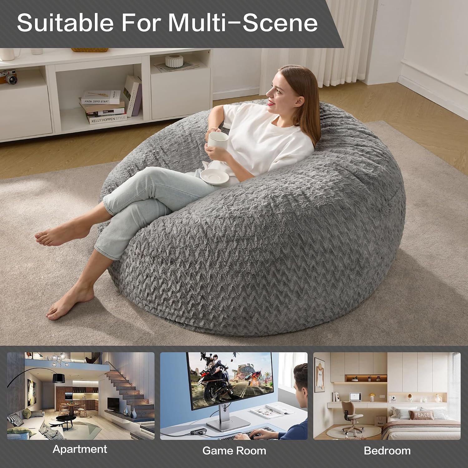 Hobestluk Bean Bag Chair Large Washable Soft Living Room Adult 5Ft Grey | No Assembly Required Memory Foam Filling Machine Washable Cover Bedroom Dorm Reading Gaming Fluffy Plush Faux Fur Fabric