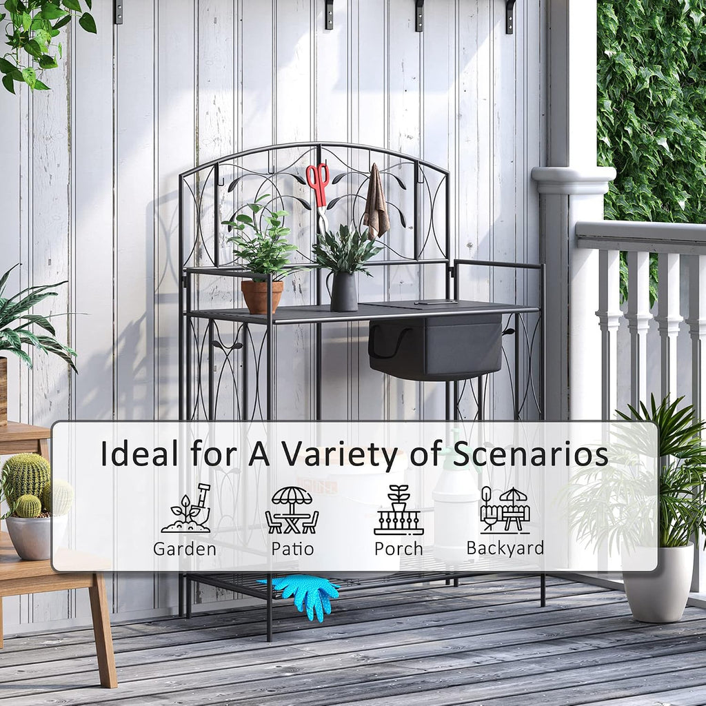 Outsunny Folding Potting Bench Table, Metal Garden Workstation, Work Bench with Large Built-in Bag with Cover, 5 Hanging Hooks & Storage Shelf, Leaf Pattern