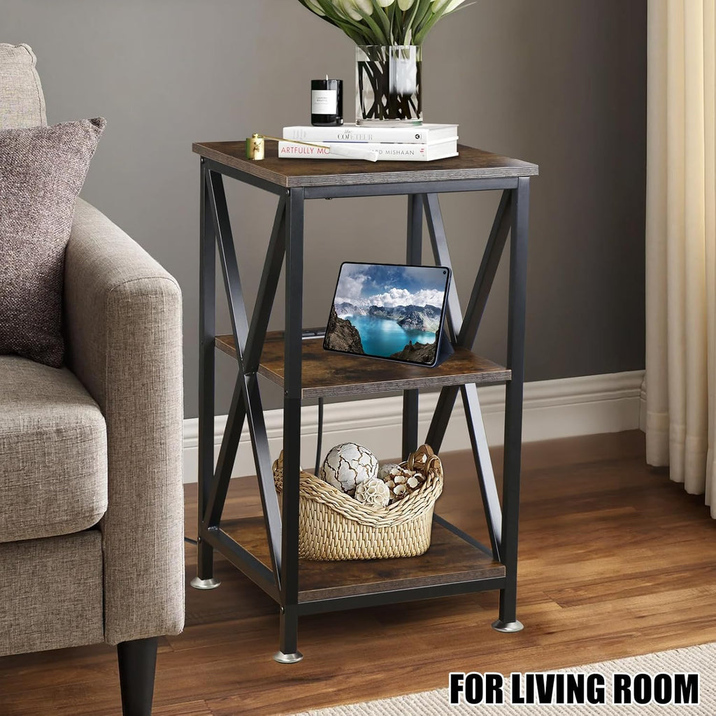 End Tables Living Room Set of 2, Square End Table with Charging Station, 16" D X 16" W X 28" H, Wood and Metal Table with USB Ports and Outlets, Side Table with Wheels for Living Room, Bedroom