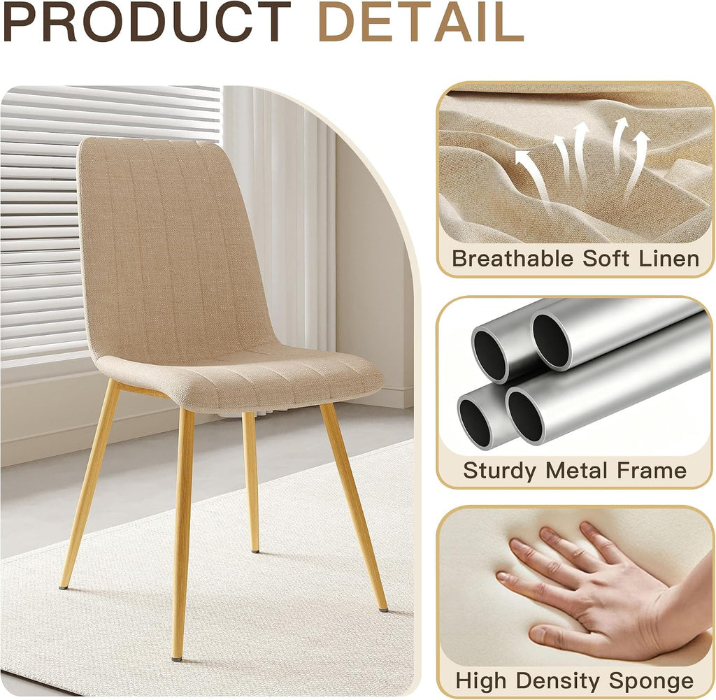 High Back Upholstered Dining Chairs Set of 4, Beige | Breathable Linen Fabric, Sturdy Metal Frame, Modern Dining Chairs for Kitchen Dining Room & Cafe, 300lbs Capacity, Save-space