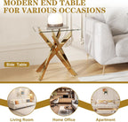 Glass End Table, Square Side Table with Tempered Glass Top & Gold Metal Legs, Modern Living Room Accent Table for Small Space, Bedroom, Apartment, Easy to Assemble