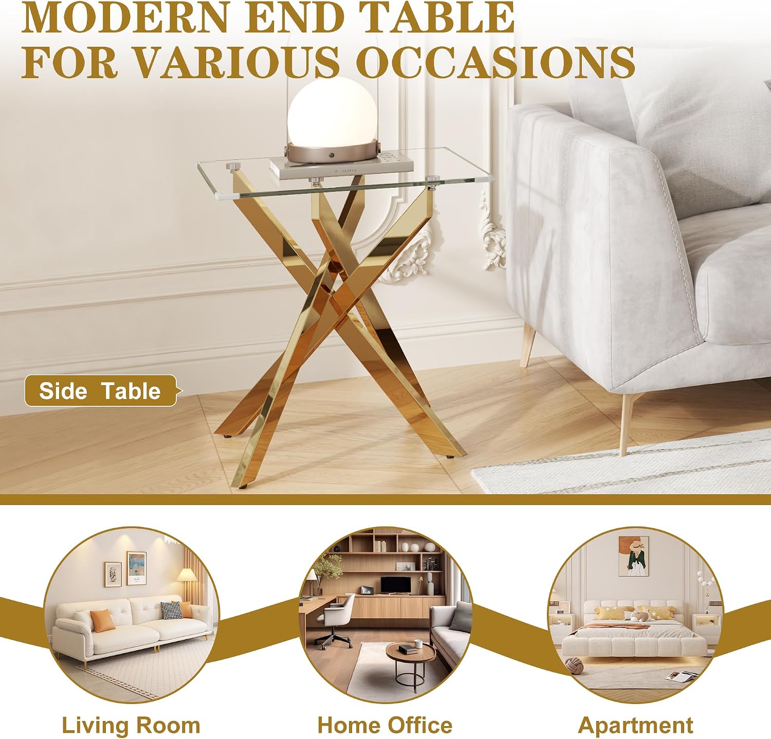 Glass End Table, Square Side Table with Tempered Glass Top & Gold Metal Legs, Modern Living Room Accent Table for Small Space, Bedroom, Apartment, Easy to Assemble
