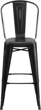EMMA + OLIVER Commercial Grade 30" H Distressed Black Metal Indoor-Outdoor Barstool w/Back
