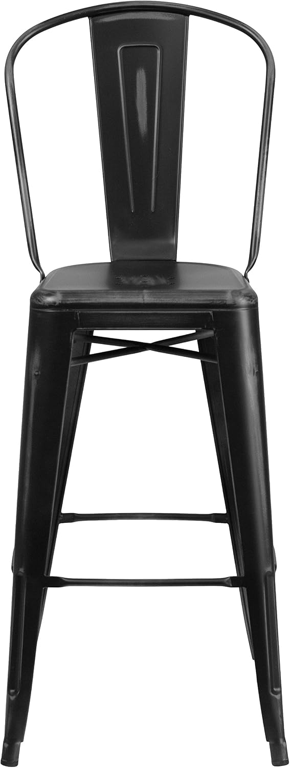 EMMA + OLIVER Commercial Grade 30" H Distressed Black Metal Indoor-Outdoor Barstool w/Back