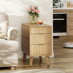 Kalrin Charging Nightstand with Hidden Outlets & 3 Drawers, Modern End Table, Bedside Table with USB Ports, Wave Groove Design, Compact Size, Heavy Duty Engineered Wood, Natural Wood Color