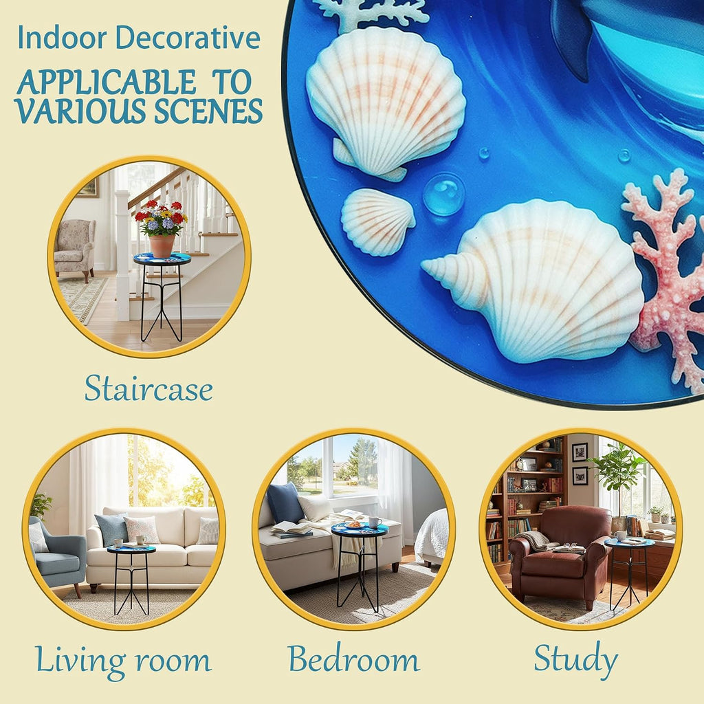 12 Inch Folding Outdoor Side Tea Table, Dolphin Shell Coral Small Accent Tables, Plant Tables Indoor, Garden or Living Room Decor Afternoon Tea Dinner Table, Simple Assembly Cast Iron Plant Stand