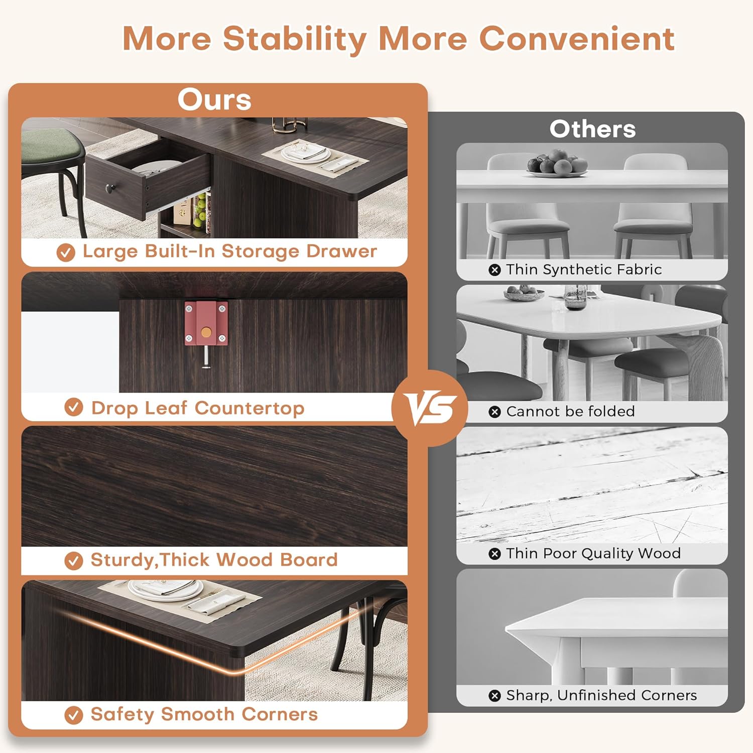 Jocoevol Space Saving Folding Dining Table for 4, Foldable Dining Table with Drawer and Storage Shelf, 6 Wheels Drop Leaf Kitchen Dining Room Table for Small Space (Walnut, 47.2" x 23.6" x 29.9")