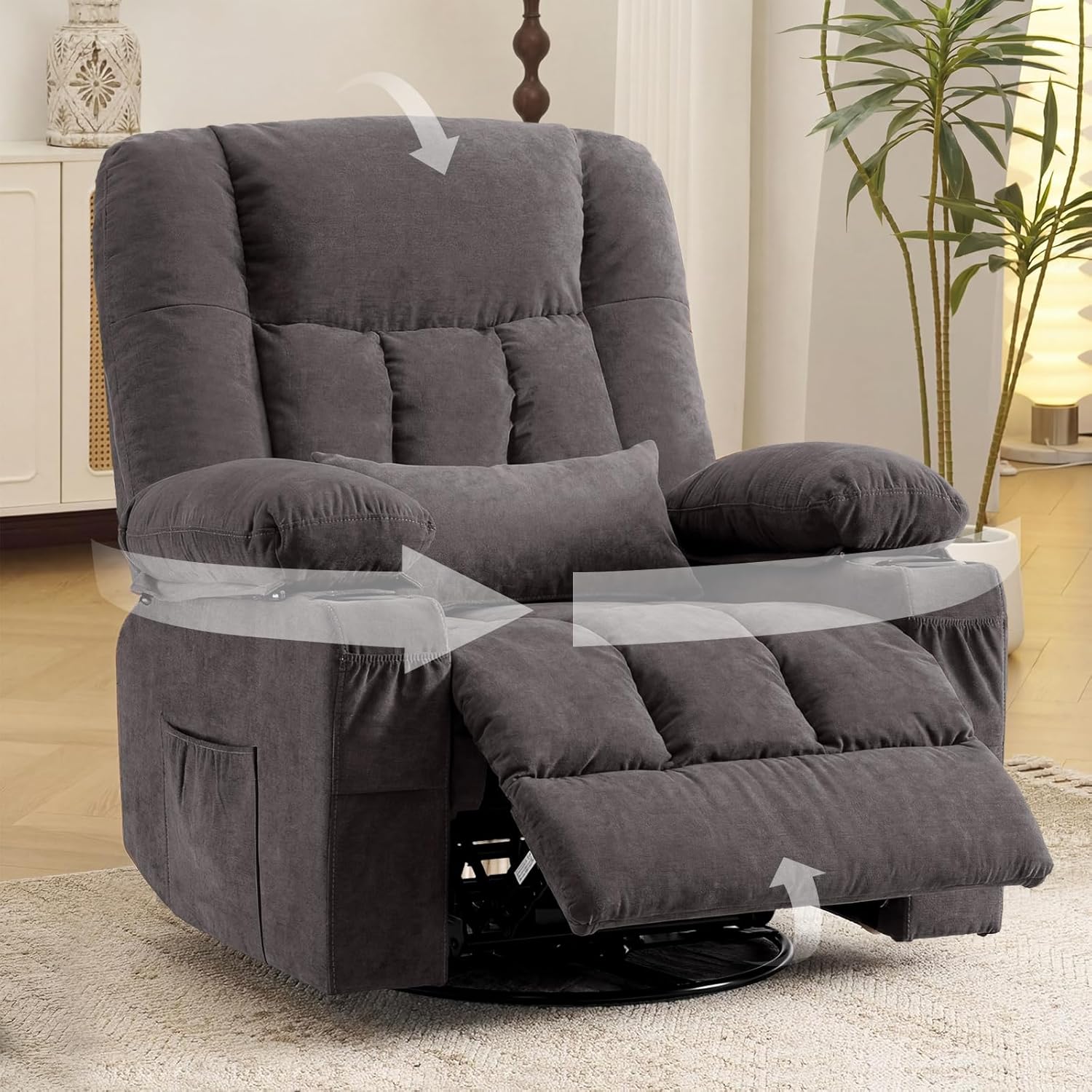 Swivel Rocker Recliner Chair with Vibration Massage and Heat Ergonomic Lounge Chair for Living Room with Rocking Function and Side Pocket, 2 Cup Holders, USB Charge Port