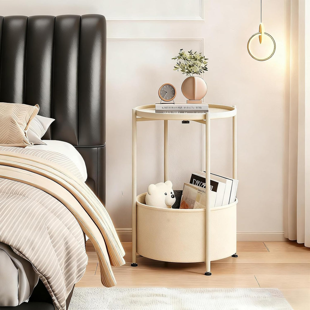 Small Round Side Table with Felt Storage Basket, Metal End Table with Removable Tray and Adjustable Feet, Accent Table for Nursery, Bedroom, Living Room, Laundry Room, Gold