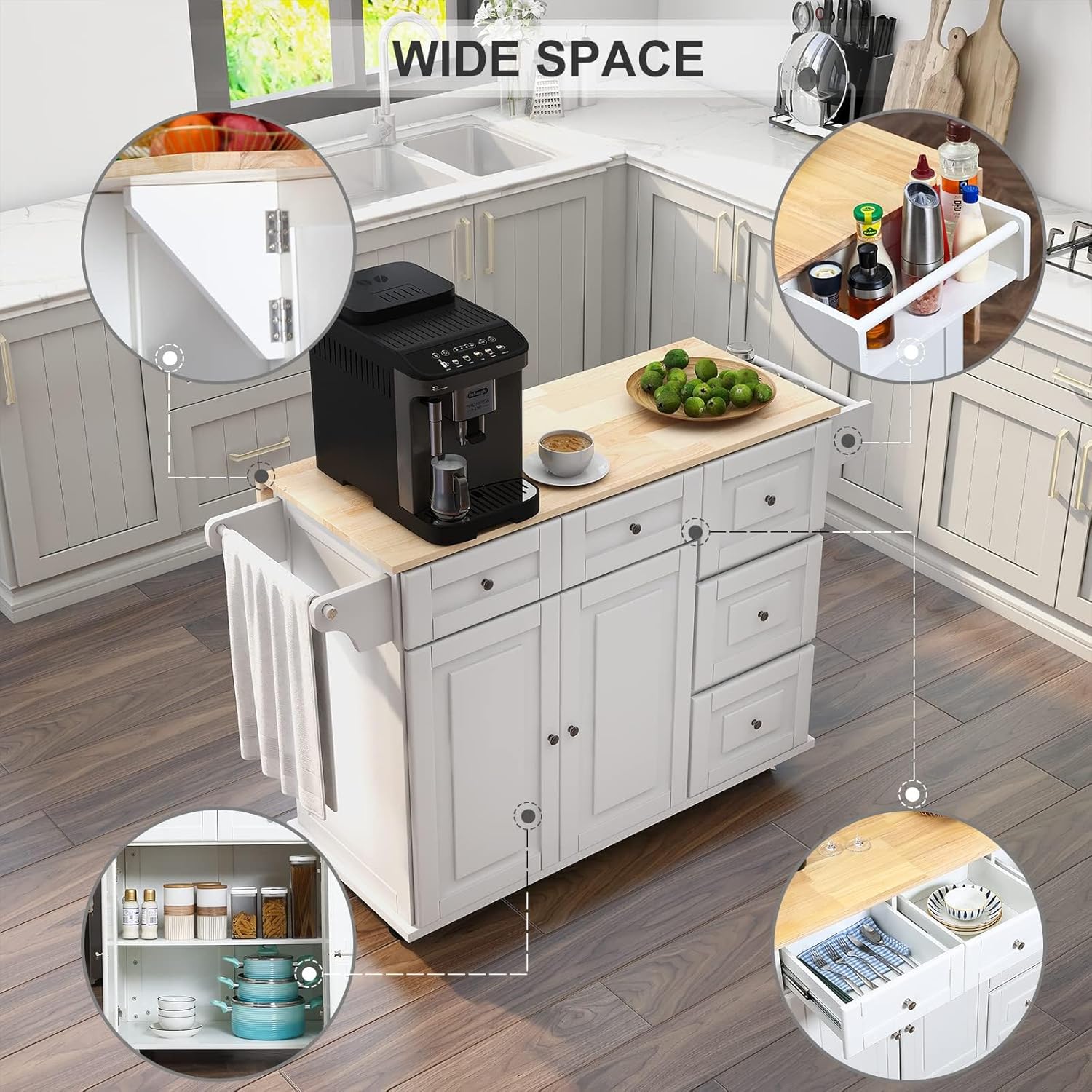 HOMREST 52" Mobil Kitchen Island Cart with Storage, Rolling Island with Drop Leaf and Rubberwood Countertop, Spice Rack, Adjustable Shelves and 5 Drawers, Island Table for Kitchen, White