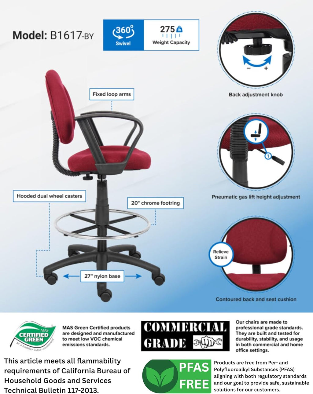 BOSS Office Products Ergonomic Works Drafting Chair with Loop Arms in Burgundy