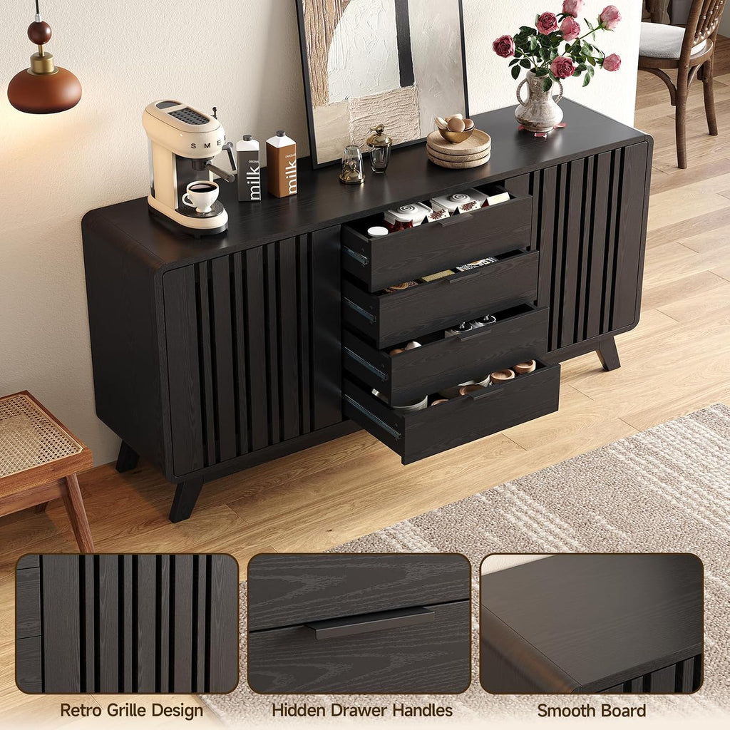 ONBRILL Sideboard Buffet Cabinet with Storage, Fluted Buffet Cabinet with Sliding Doors & 4 Drawers, Mid Century Modern Coffee Bar Wine Bar Credenza for Living Room, Kitchen (Black)
