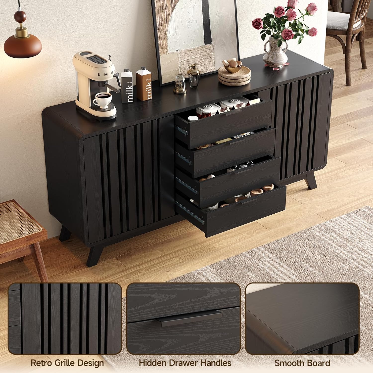 ONBRILL Sideboard Buffet Cabinet with Storage, Fluted Buffet Cabinet with Sliding Doors & 4 Drawers, Mid Century Modern Coffee Bar Wine Bar Credenza for Living Room, Kitchen (Black)