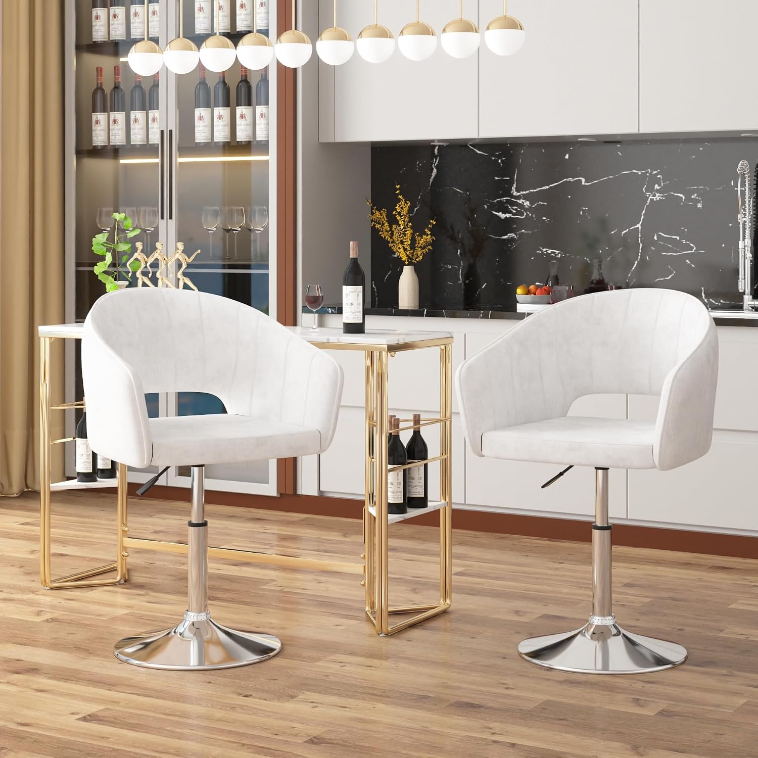 VECELO Large Wide Velvet Accent Chair, Adjustable Luxury Vanity & Dining Chair with Gold Barstool Base, 360°Swivel Upholstered Armchair for Living Room, Bedroom, Home Office, Pearl White