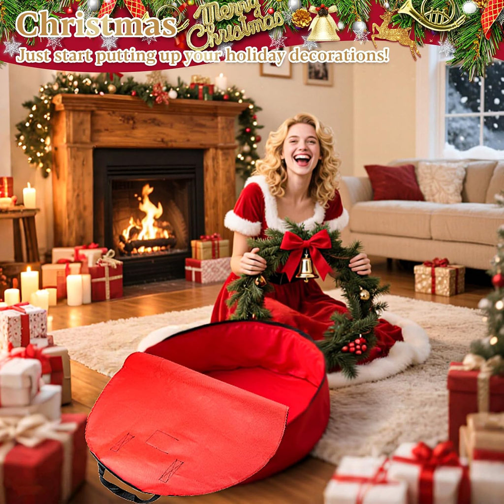 24 Inch RAINFLOW Christmas Wreath Storage Container - Heavy Duty Wreath Storage Bag With Handles Red Thickened Nonwoven Fabric Ideal For Household Organization Halloween Holiday Ornament Storage