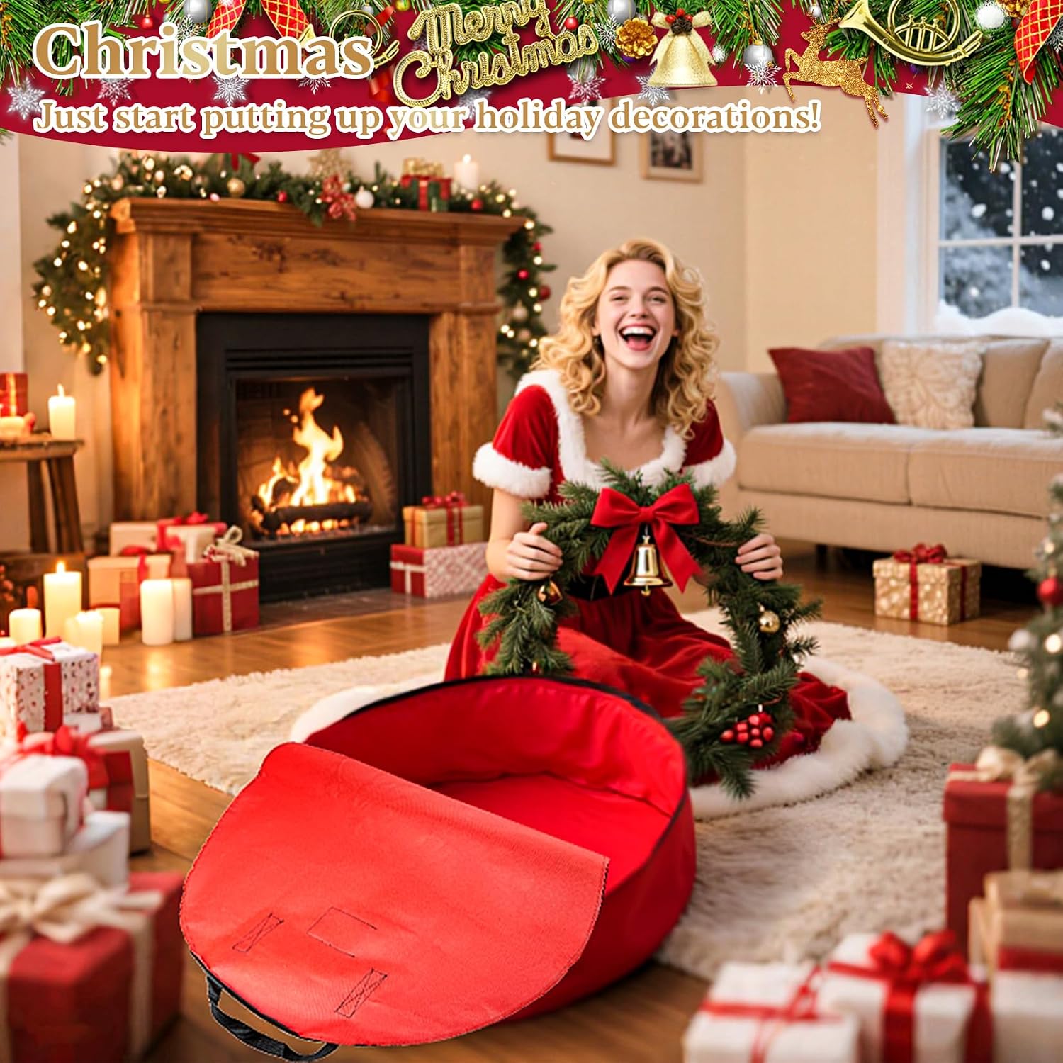 24 Inch RAINFLOW Christmas Wreath Storage Container - Heavy Duty Wreath Storage Bag With Handles Red Thickened Nonwoven Fabric Ideal For Household Organization Halloween Holiday Ornament Storage