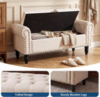 51in Bedroom Storage Bench for End of Bed, Upholstered Ottoman Bench with Button Tufted Design and Rolled Arms, Anti Cotton and Linen Entryway Bench with Safety Hinge for Living Room, Closet, Beige