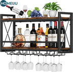 Homeiju Wall Mounted Wine Rack, Bottle & Glass Holder Wood-Metal Retro Wine Rack, Wine Bottles Display Wall Storage for Kitchen Dining Room Home Bar
