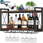Homeiju Wall Mounted Wine Rack, Bottle & Glass Holder Wood-Metal Retro Wine Rack, Wine Bottles Display Wall Storage for Kitchen Dining Room Home Bar