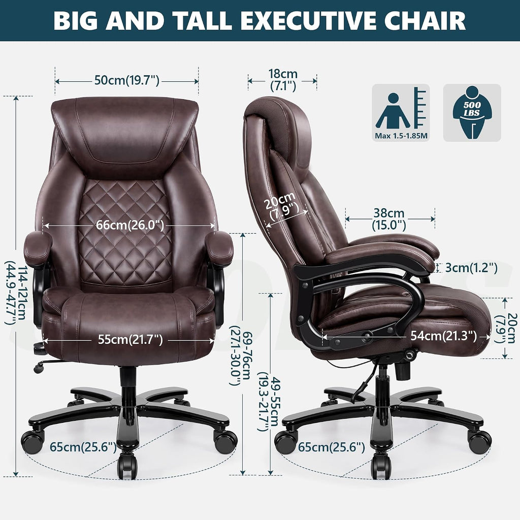 Big and Tall 500lbs Office Chair,Heavy Duty Large PU Leather Executive Desk Chair with Wide Seat, Adjustbale Ergonomic Lumbar Support High Back Rocking Computer Chair for Heavy People (Brown)