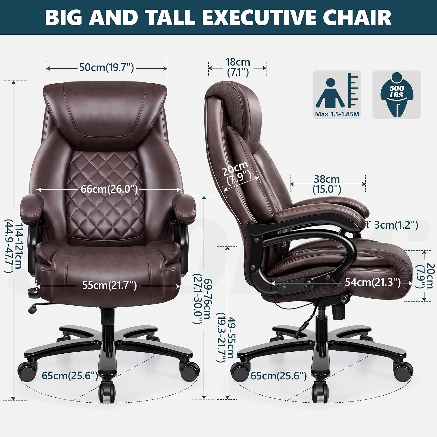 Big and Tall 500lbs Office Chair,Heavy Duty Large PU Leather Executive Desk Chair with Wide Seat, Adjustbale Ergonomic Lumbar Support High Back Rocking Computer Chair for Heavy People (Brown)