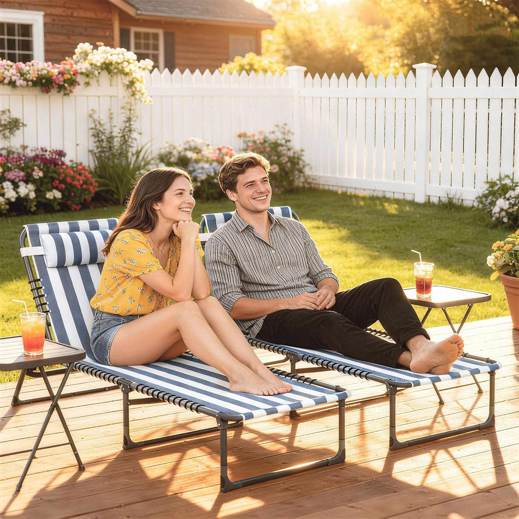 Outsunny Folding Chaise Lounge Chair Outdoor Set of 2 Mesh Seat Blue/White | Foldable, Sun Tanning Chair, Chaise Lounger, 4-Position Reclining Back, for Outside Patio Beach Poolside Backyard