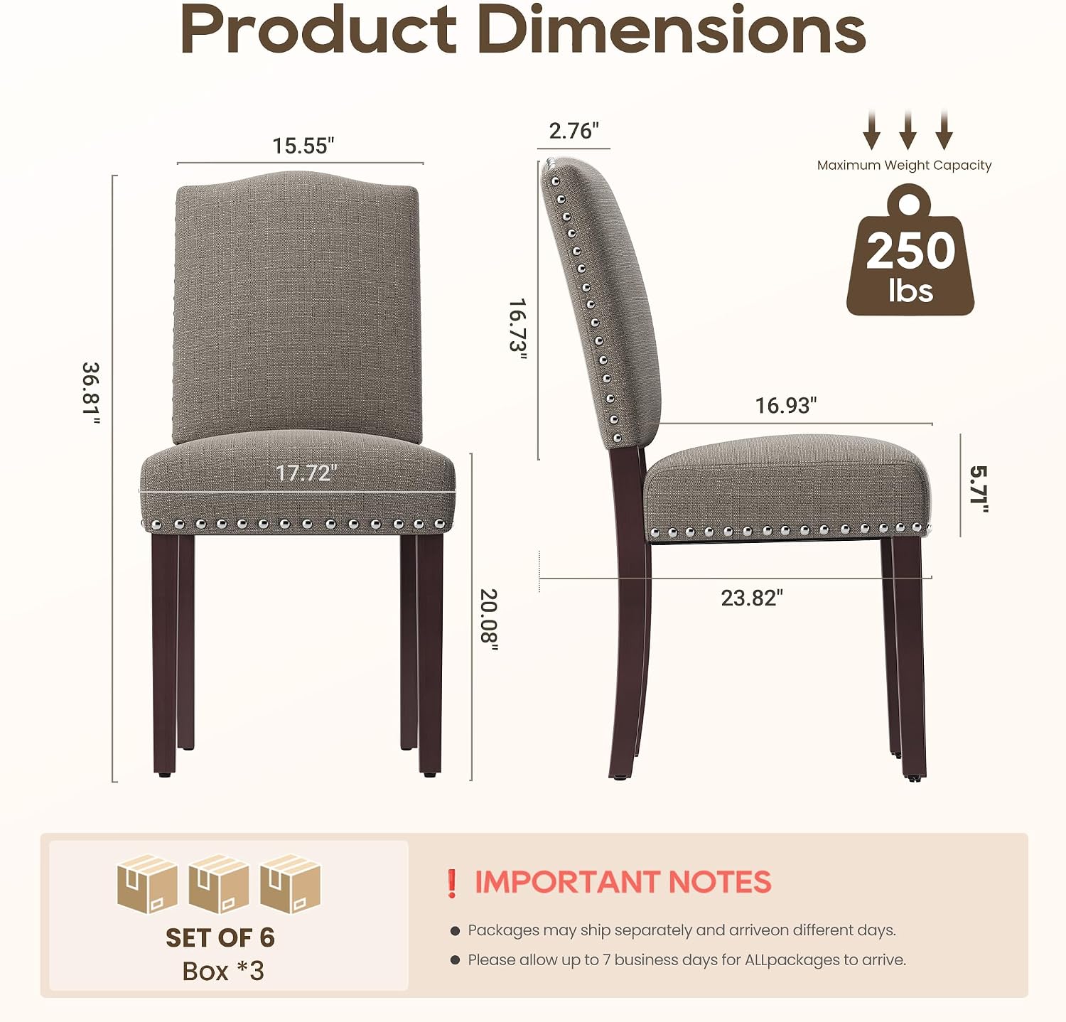 Upholstered Dining Chairs Set of 6 with Thickened Seat Cushion, Wooden Mid-Century Modern Fabric Farmhouse Kitchen Chairs for Dining Room Living/Restaurant/Reading Room