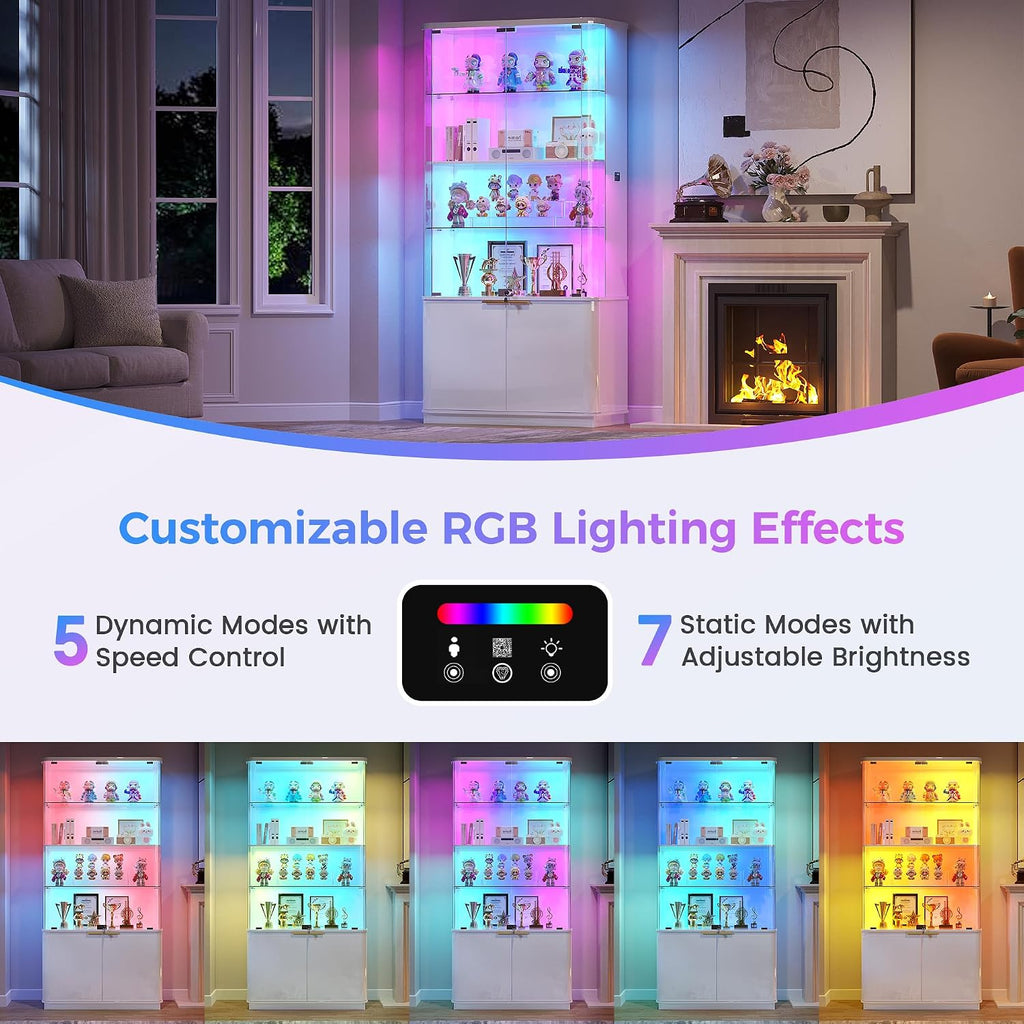 71" Tall RGB Display Cabinet with Glass Door, 6-Tier Rounded Curio Cabinet with Adjustable Shelves for Collectibles, Locking Trophy Display Case with LED Lights for Figures/Helmet/Football, White
