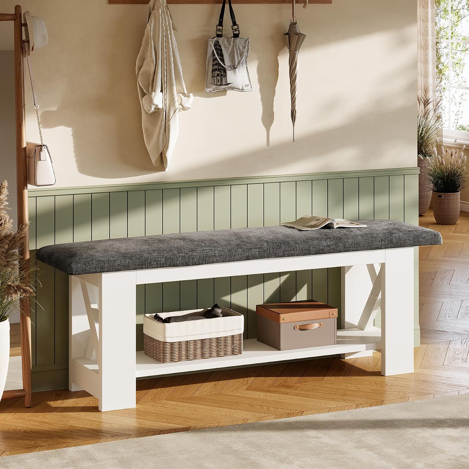 Tribesigns 47" Farmhouse Entryway Bench with Padded Cushion, Farmhouse Wooden Shoe Rack Storage Bench, 2-Tier White Accent Organizer Seat for Hallway, Living Room, Bedroom