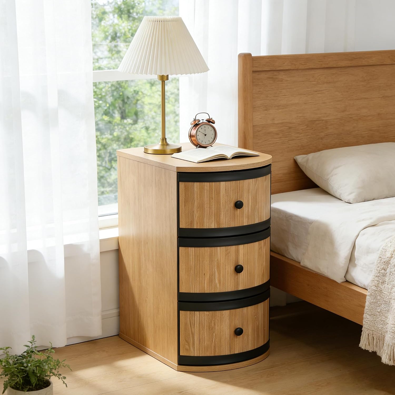 BERRYMERRY Narrow End Table Set of 2 with Charging Station, Modern Slim Nightstand Bedside Table with 3 Drawers for Bedroom Living Room, Natural, 11.81" W x 23.51" D x 23.62" H