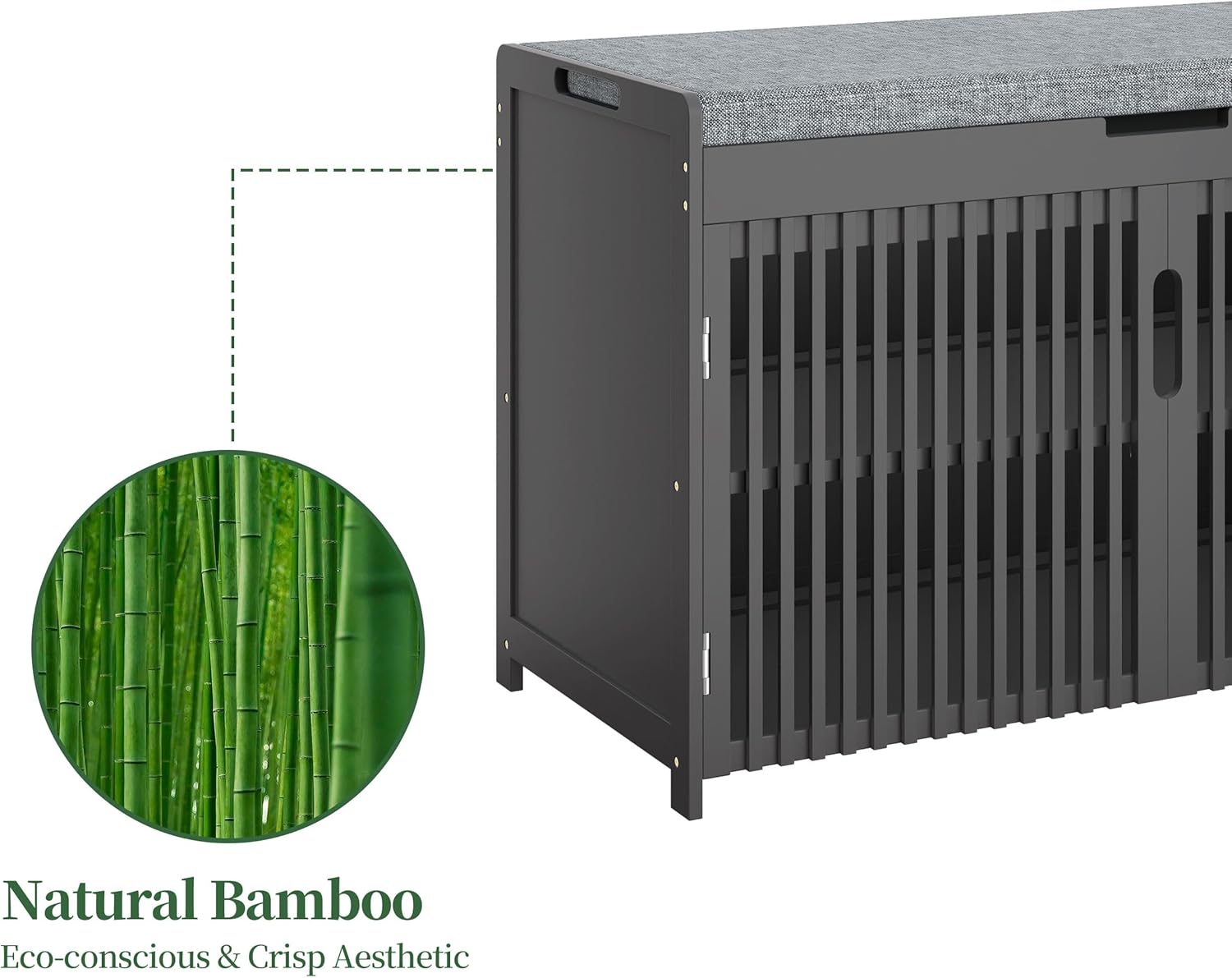 APRTAT Bamboo Shoe Storage Bench with Padded Cushion, 3-Tier Shoe Rack Organizer with 2 Ventilated Grille Doors for Entryway, Bedroom, Bathroom (Black, Large)