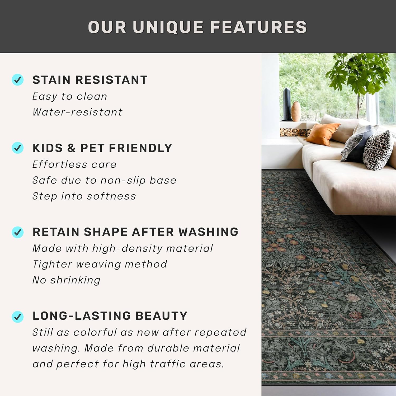 Non Slip 2x6 Kitchen Runner Rug Washable, Rubber Backed Bathroom Runner, Boho Vintage Floral Botanical Dark Green Non Skid Low Pile Soft Carpet for Entryway, Laundry Room, Hallway Mats for Floor