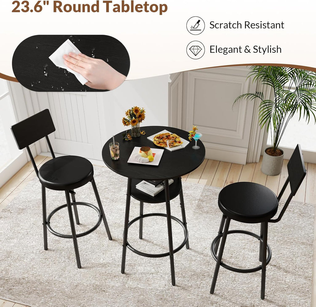 Zevemomo 3 Pieces Round Bar Table Set, Small Dining Table for 2, Black Kitchen Bar Table, Breakfast Table with Storage, 2 Thickened Cushion Stools with Backrest for Dining Room & Bistro-Black