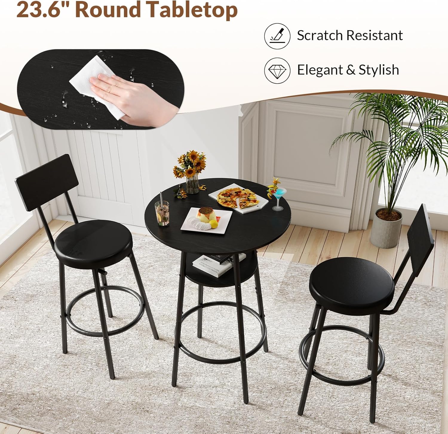 Zevemomo 3 Pieces Round Bar Table Set, Small Dining Table for 2, Black Kitchen Bar Table, Breakfast Table with Storage, 2 Thickened Cushion Stools with Backrest for Dining Room & Bistro-Black