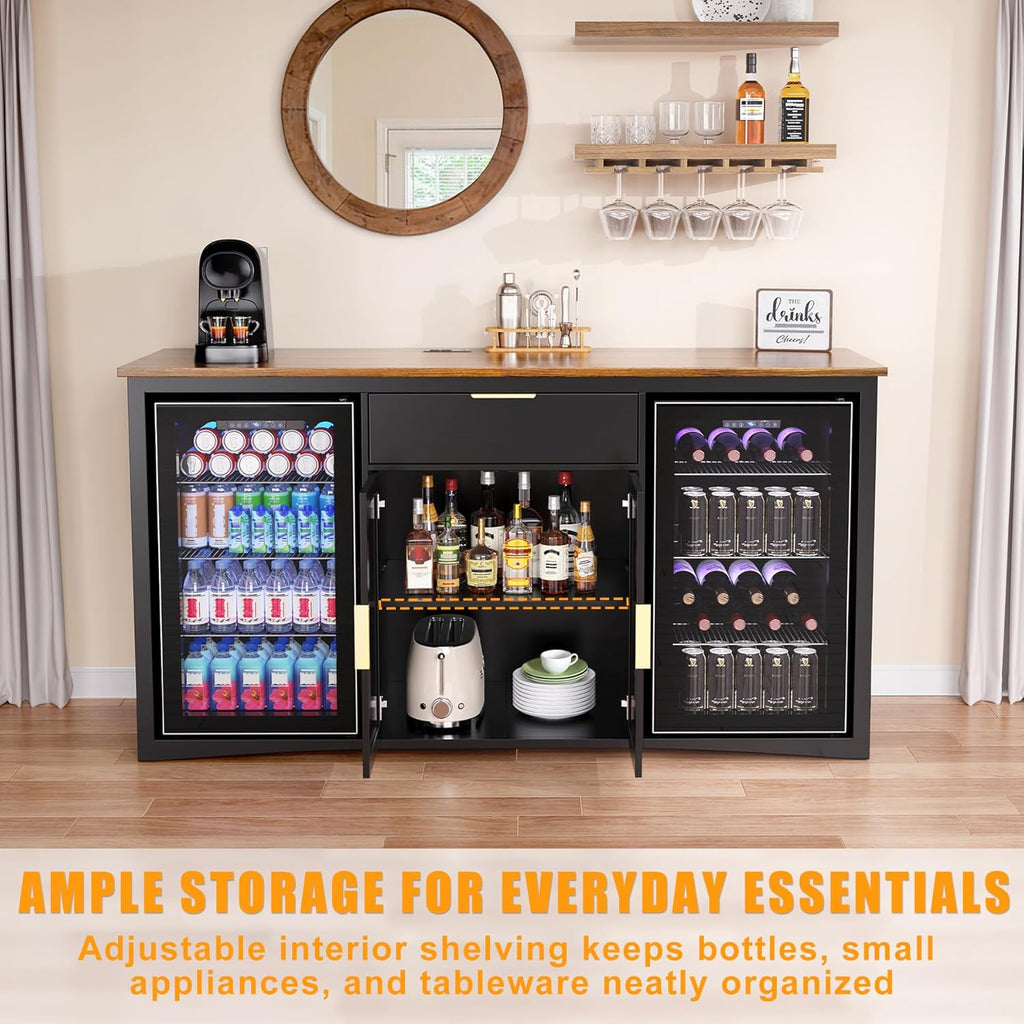 GDLF 70.1" Long Coffee Bar Cabinet with Fridge Space, Modern Wine Liquor Cabinet with Storage & Power Outlet, Buffet Sideboard with Fluted Doors for Home, Black