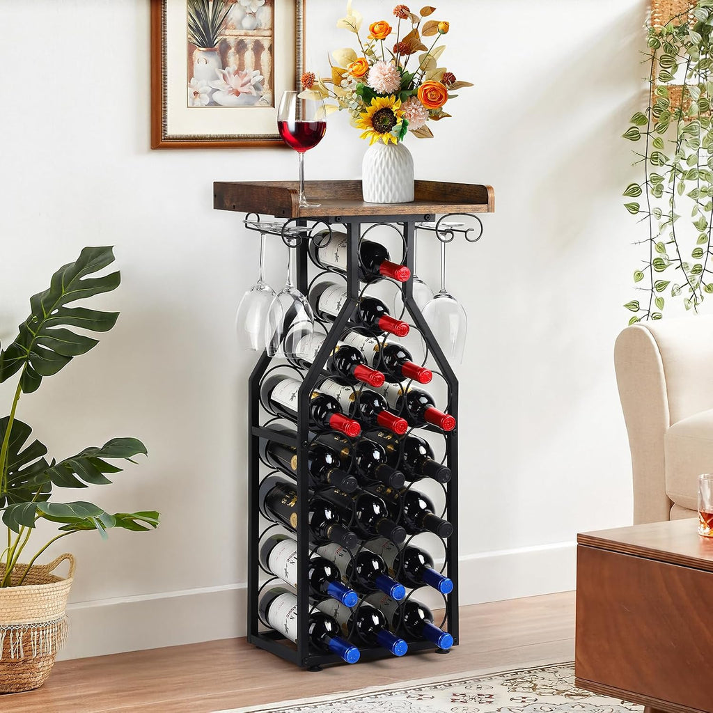 Wine Rack Floating Shelvesr Versatile Liquor Stand for Home Bar Mini Bar Table Wine Holder Stand Liquor Cabinet with Glass Holder Wood Tabletop 19 Bottles Floor Dining Room, Living Room
