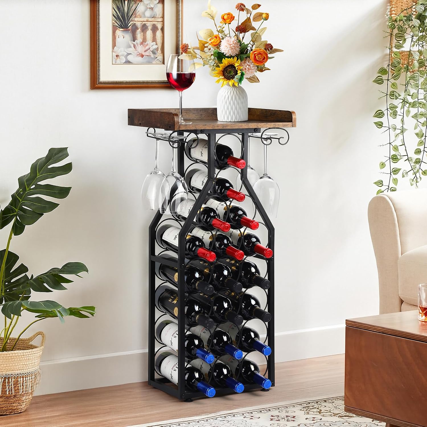 Wine Rack Floating Shelvesr Versatile Liquor Stand for Home Bar Mini Bar Table Wine Holder Stand Liquor Cabinet with Glass Holder Wood Tabletop 19 Bottles Floor Dining Room, Living Room