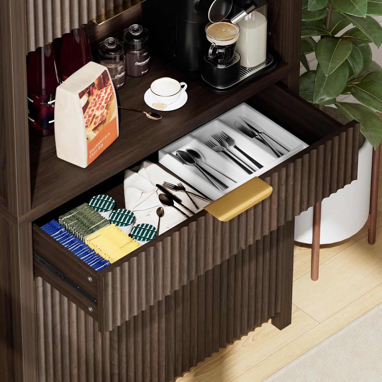 Lulive 71" Fluted Pantry Cabinet with Charging Station & Adjustable Shelves, Spacious Kitchen Storage Cabinet with Open Countertop & Drawer for Dining Room, Living Room, Brown