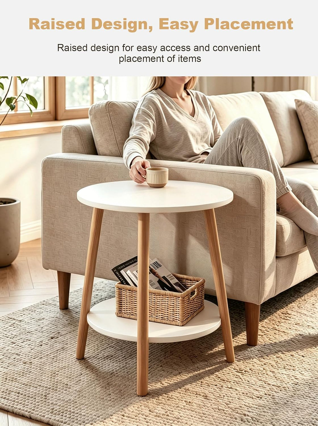 Round Side Table 2-Tier Wood Coffee Table Night Stand with Stable Triangle Legs for Living Room, Bedroom, Couch, Bedside