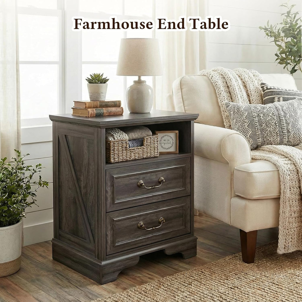 Farmhouse End Table with Charging Station, Rustic Wood Nightstand with 2 Large Drawers & Open Storage, Bedside Table with USB-C Ports for Living Room Bedroom (Gray Oak)