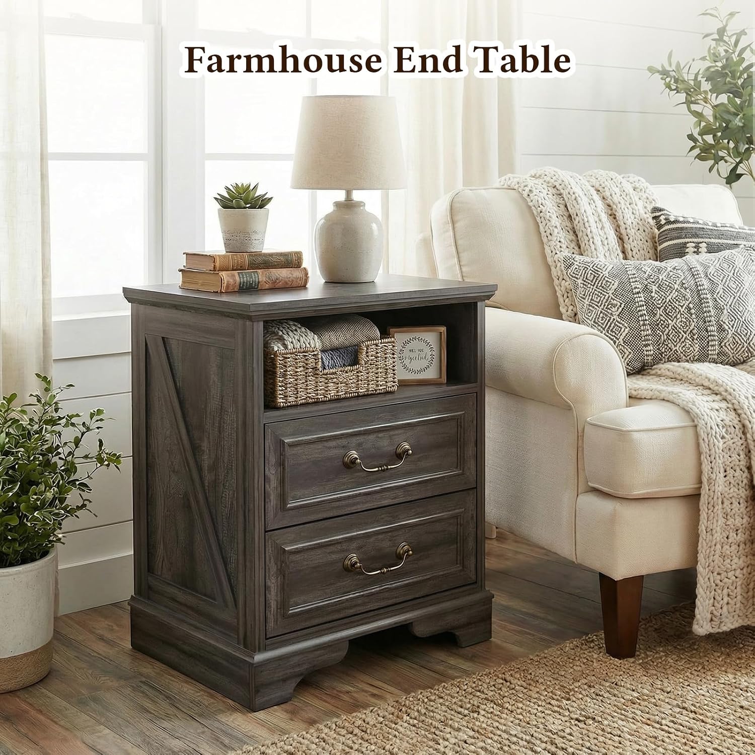 Farmhouse End Table with Charging Station, Rustic Wood Nightstand with 2 Large Drawers & Open Storage, Bedside Table with USB-C Ports for Living Room Bedroom (Gray Oak)