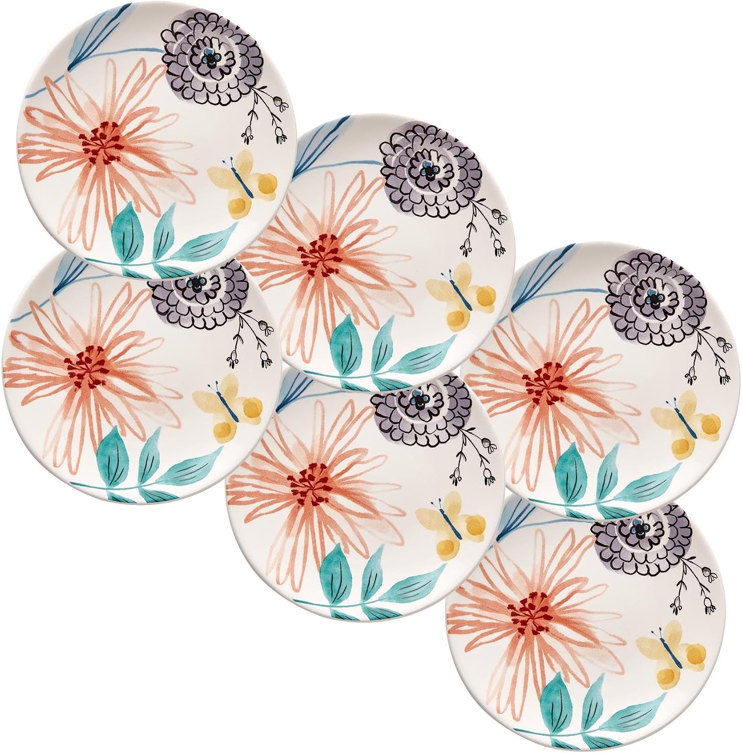 Bico Blossom Symphony Appetizer Plates Set of 6, 6 Inch Small Ceramic Dessert Plates for Snacks, Salad, Tablescape, Microwave and Dishwasher Safe, Gift for Housewarming and Thanksgiving