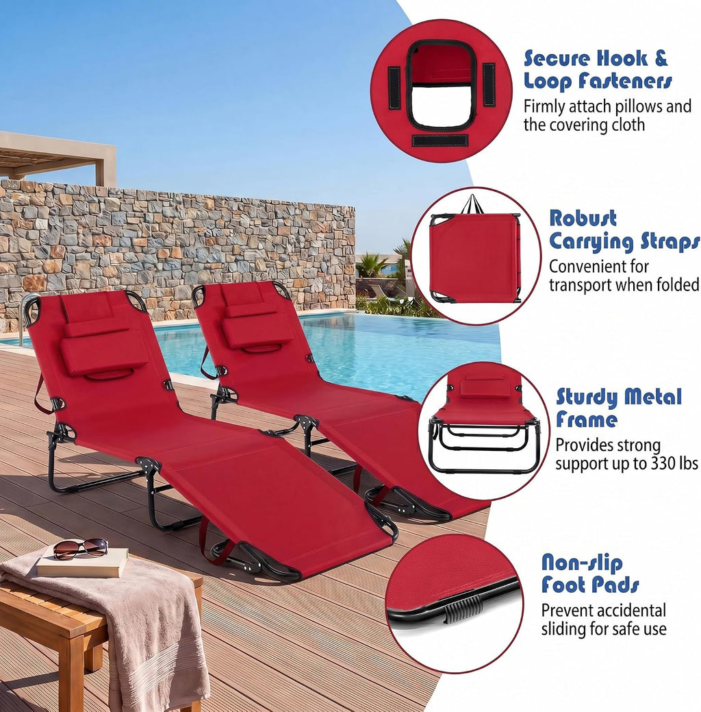 Goplus Tanning Chair, Folding Beach Lounge Chair with Face Hole, Removable Pillow, Carry Strap, Position Adjustable, Sunbathing Chair, Portable Outside Lounge Chair for Patio Pool (1, Red)