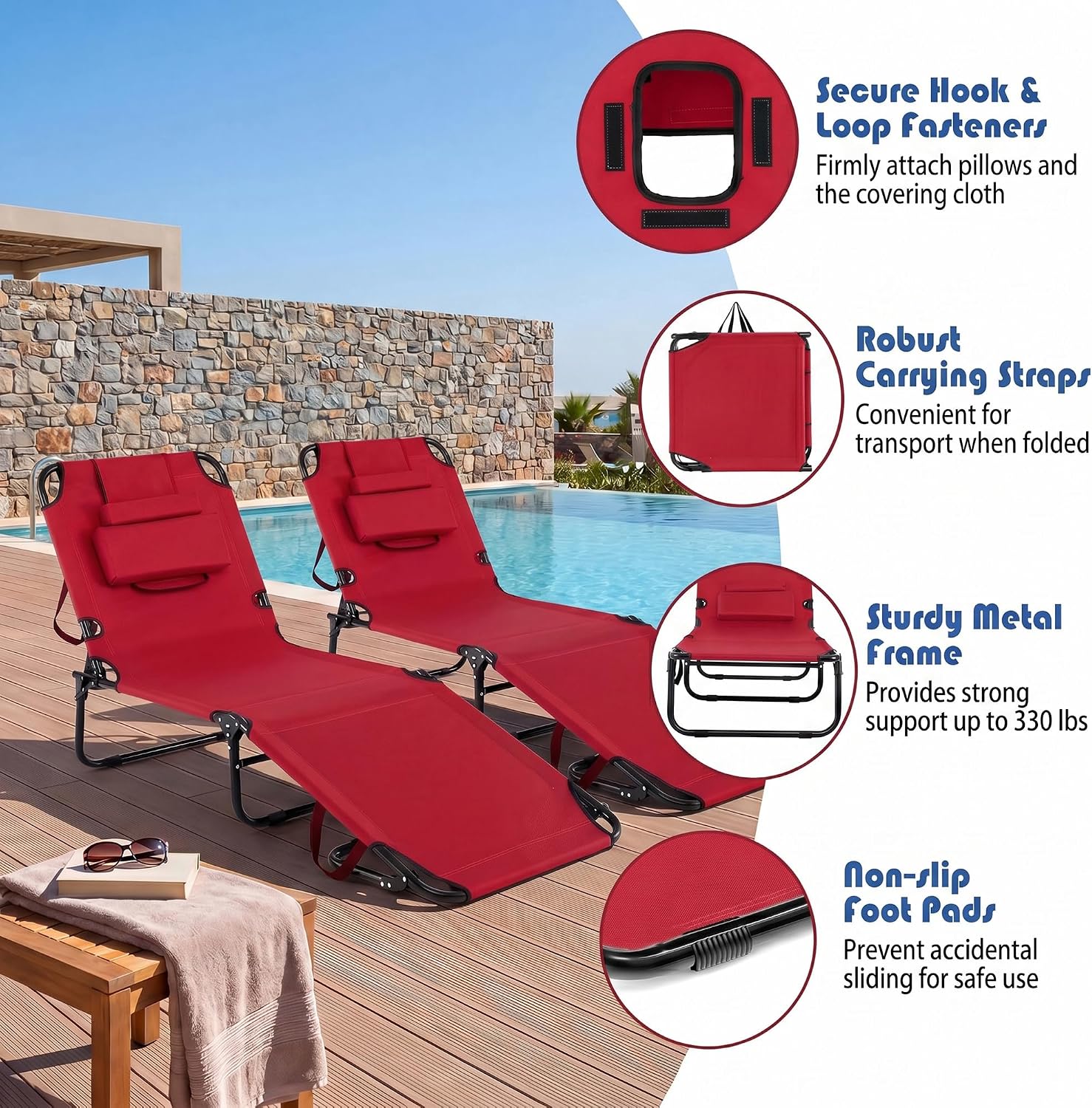 Goplus Tanning Chair, Folding Beach Lounge Chair with Face Hole, Removable Pillow, Carry Strap, Position Adjustable, Sunbathing Chair, Portable Outside Lounge Chair for Patio Pool (1, Red)