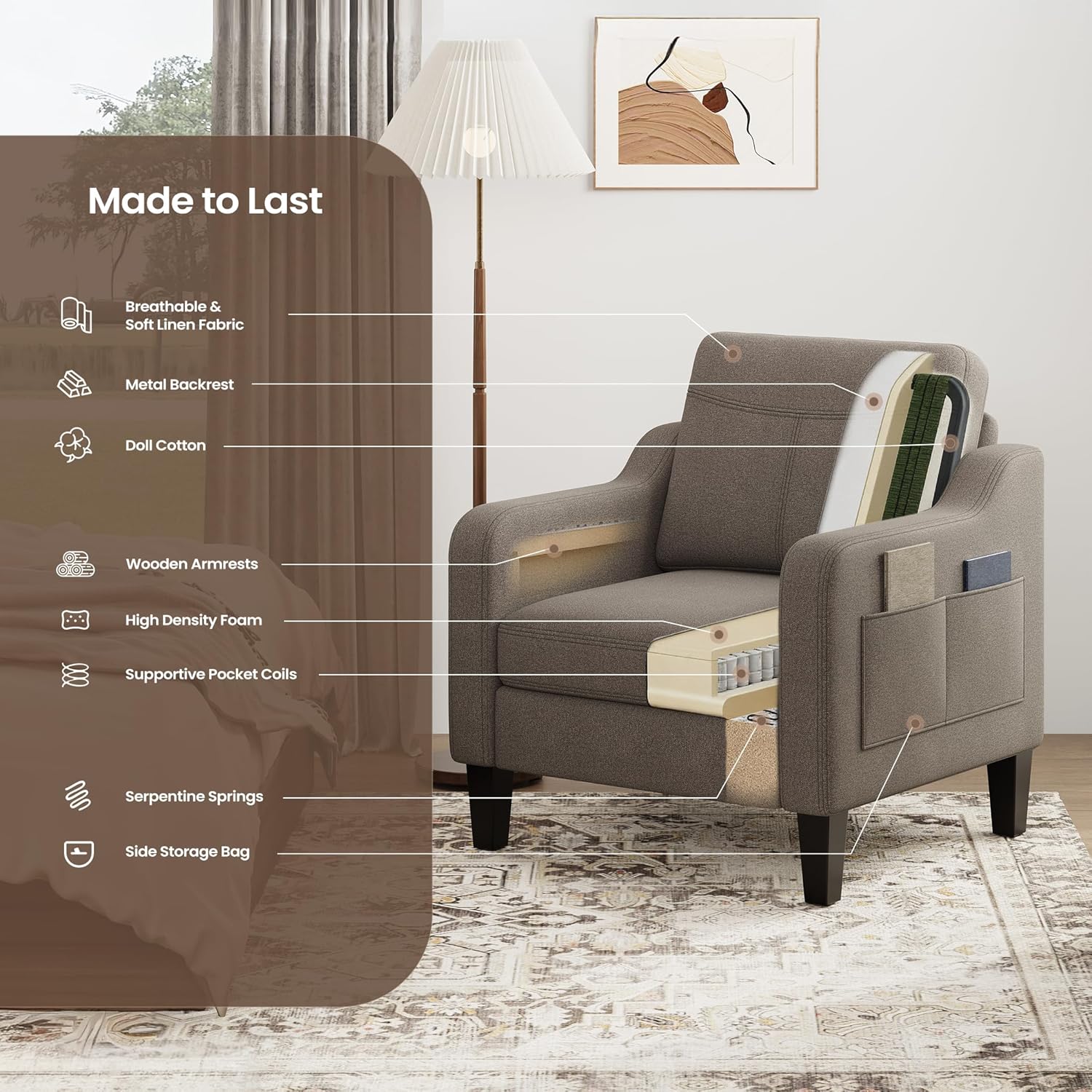 Accent Chair for Living Room Modern Linen Upholstered Armchair Side Wooden Fabric Sofa Chair with Foldable Table 2 Side Pockets Comfy Reading Chair for Bedroom
