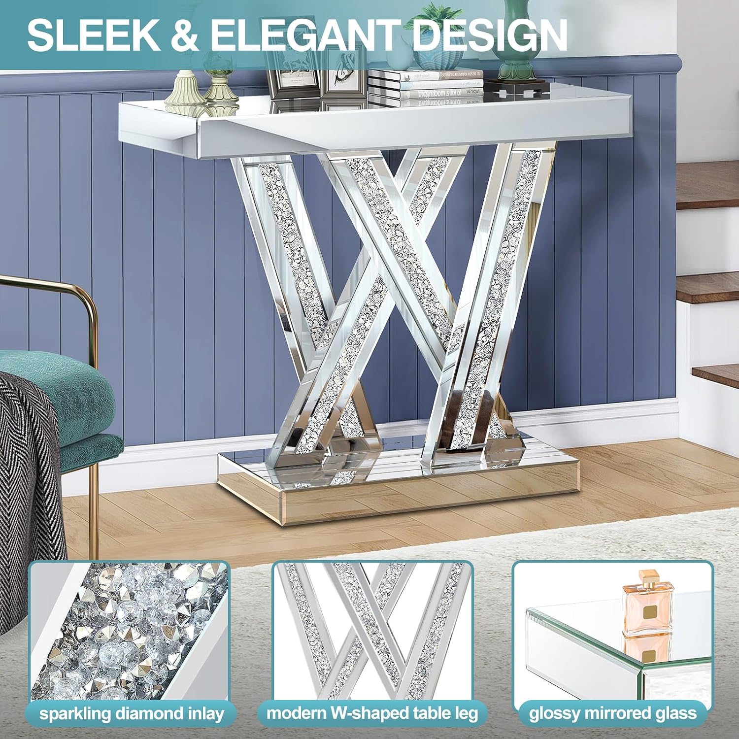 Modern Entryway Console Table with Crushed Diamond Inlay, 35.43" Silver Mirrored Glass Hallway Table for Entryway, Glam Decorative Sofa Tables for Living Room