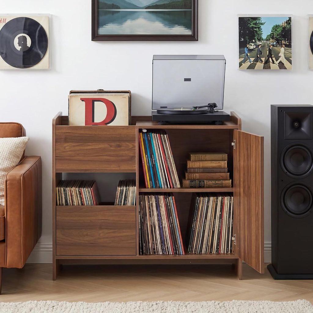 Bifins Record Player Stand with Drawer and Door, Mid Century Modern Turntable Cabinet with Vinyl Storage, Wood Record Player Table for Living Room & Music Room (Walnut)