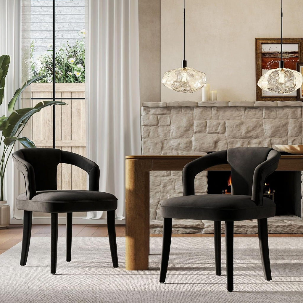 Hyfirm Black Velvet Dining Chairs Set of 2, Modern Upholstered Accent Chairs with Curved Back & Arms, Comfy Large Fully Upholstered Side Chair for Living Room