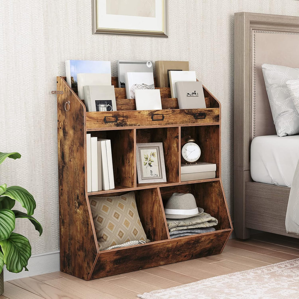 HOOBRO Kids Bookshelf, Toy Storage Organizer, Bookshelf for Kids, 5 Compartments and 3-Layer Shelves, Bookcase Footboard, for Game Room, Playroom, Nursery, School, Rustic Brown FG34CW01