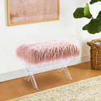 Glitzhome Ottoman Bench, Pink Faux Fur Ottoman Foot Rest, Modern Vanity Stool Chair with Acrylic Legs for Living Room Bedroom Entryway Makeup Bench End of Bed, 25.5" L